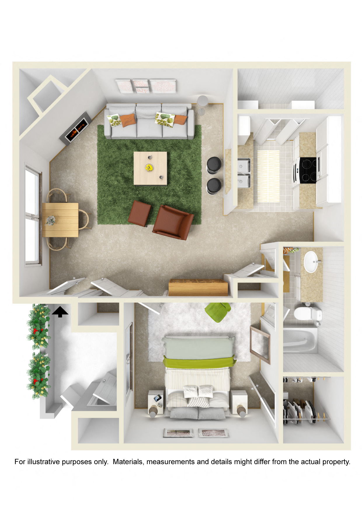Floor plan for 1 bed, 1 bath, 695 sqft